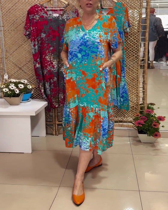 Sukienka Dekolt w Serek Gradient Wielokolorowy Nadruk