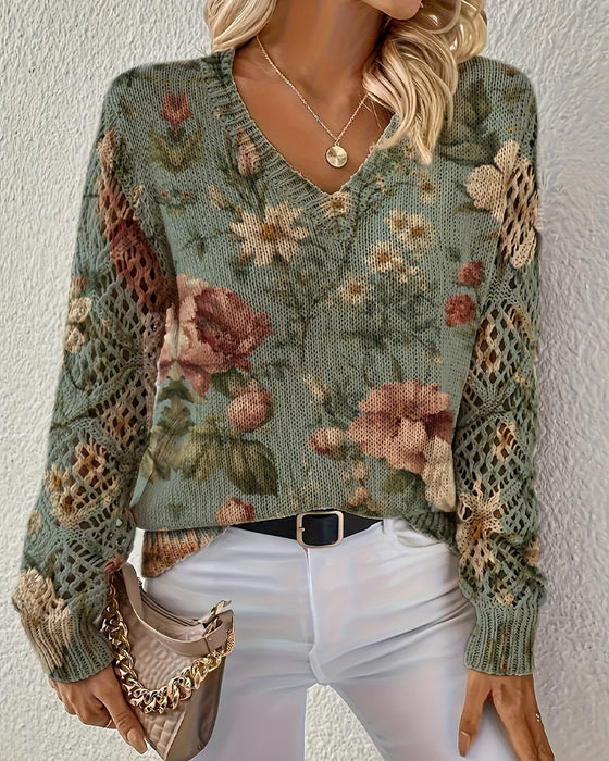 Sweter Jacquard V-Neck Ażurowy Długi Rękaw