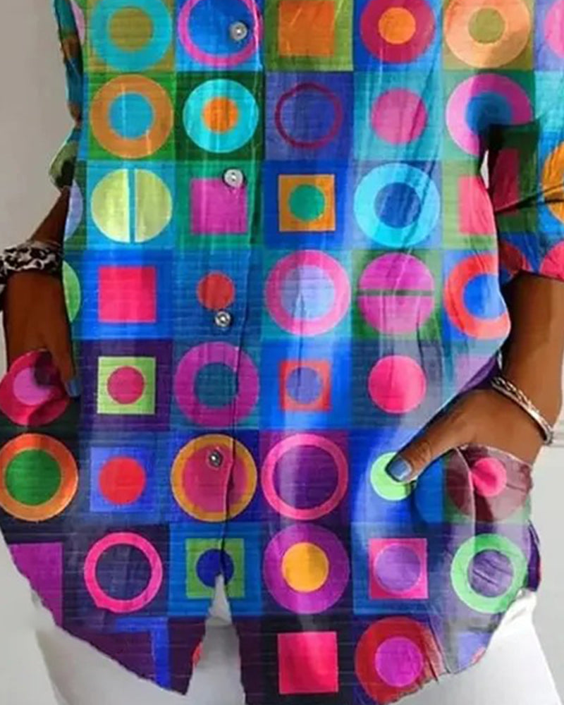 Koszula Kolorowy Geometryczny Wzór Długi Rękaw