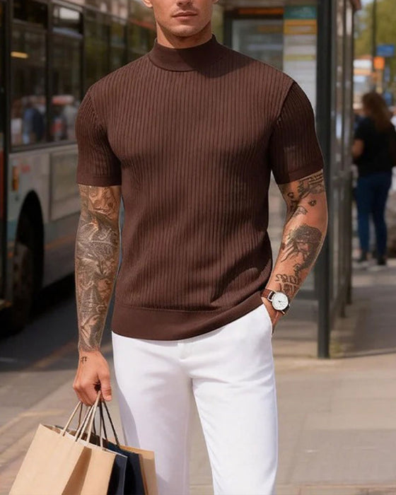 T-Shirt Mock Neck Męski Krótki Rękaw