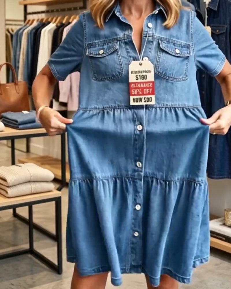 Sukienka Denim Falbanka Warstwowa Krótki Rękaw