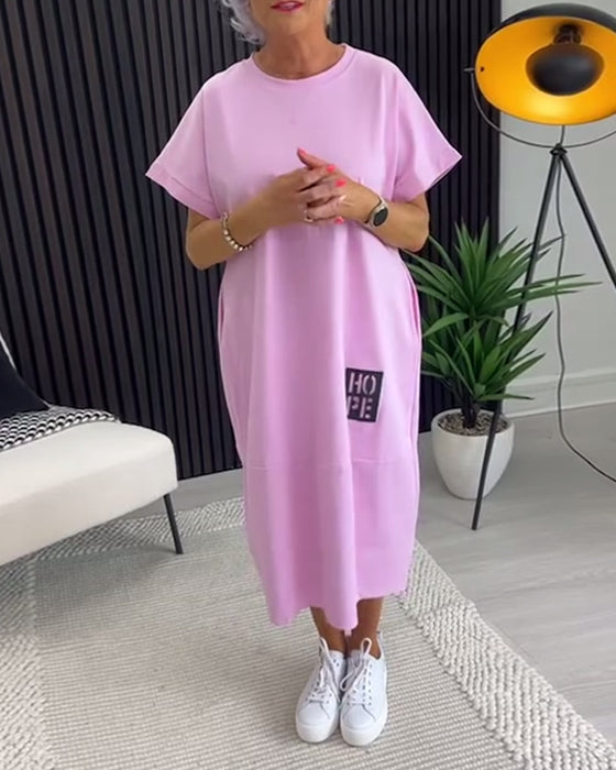 Sukienka Krótki Rękaw Swobodna Prosta Kieszeń