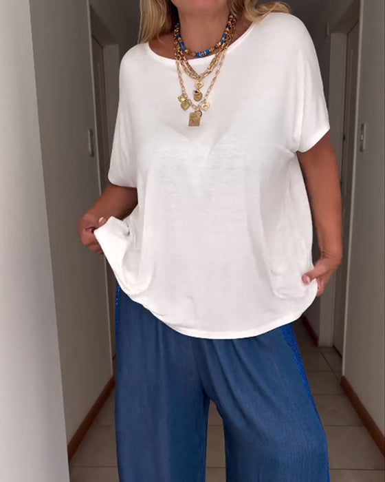 Koszulka z krótkim rękawem i okrągłym dekoltem w jednolitym kolorze