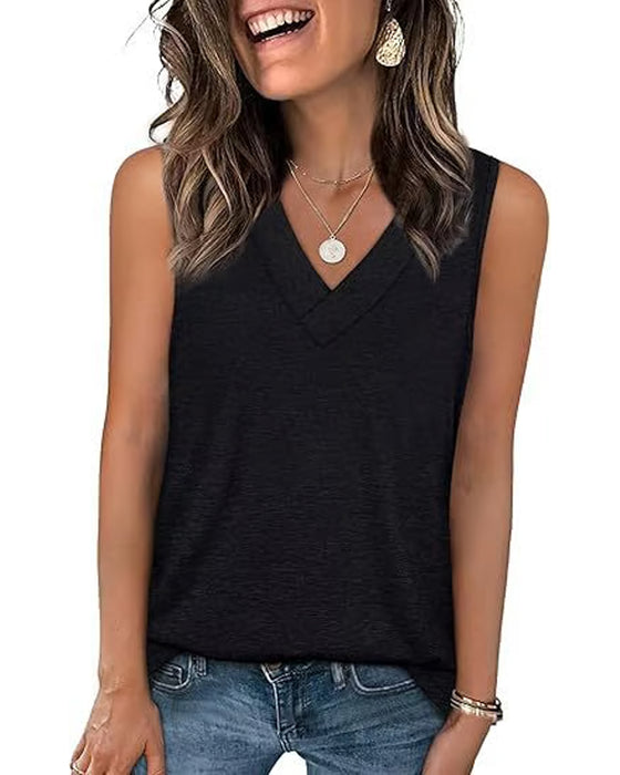 Top T-Shirt Damskie Bez Rękawów Dekolt V Wyszczuplający Luźny Krój Casual