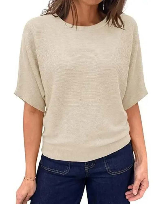 Sweter Okrągły Dekolt Krótki Rękaw Gładki