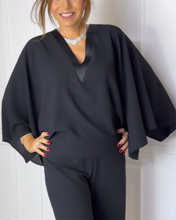 Bluzka Dekolt V Elegancki Rękaw Motyl