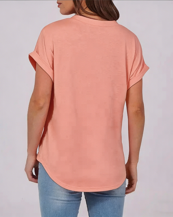 T-Shirt Jednokolorowy Dekolt W Serek Krótki Rękaw