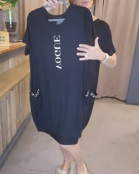 Sukienka Casual Krótkie Rękawy Luźny Nadruk Litery