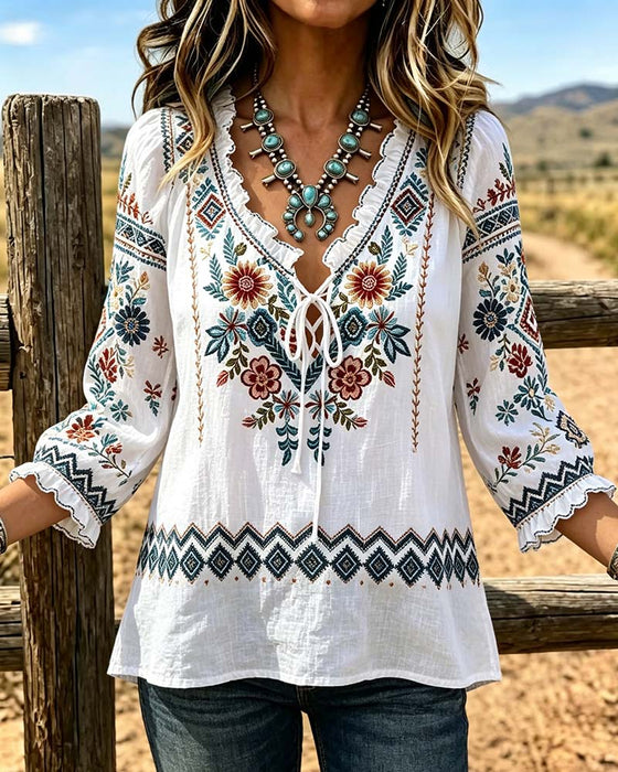 Bluzka V-Szyja Bohemian Ruffle