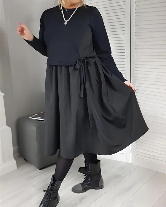 Sukienka Dzianinowa Patchwork Wiązanie Z Boku