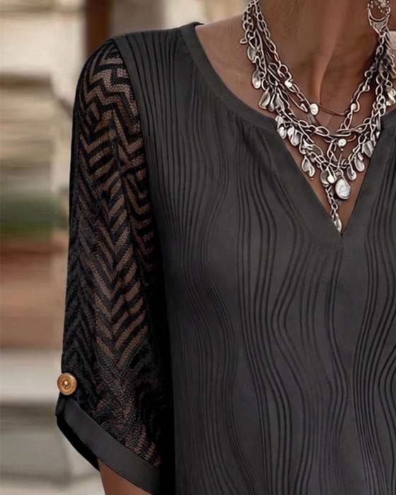 Bluzka V-Neck Koronka Panel Solid Linia