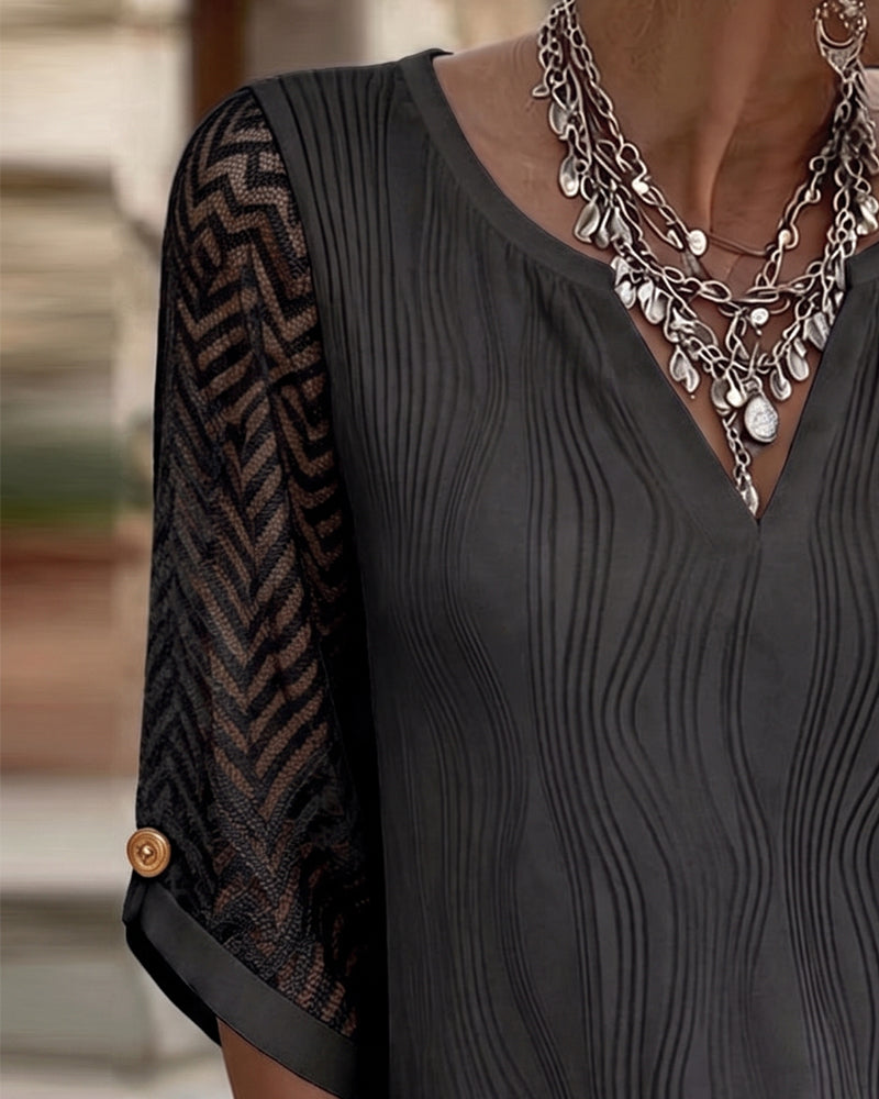 Bluzka V-Neck Koronka Panel Solid Linia