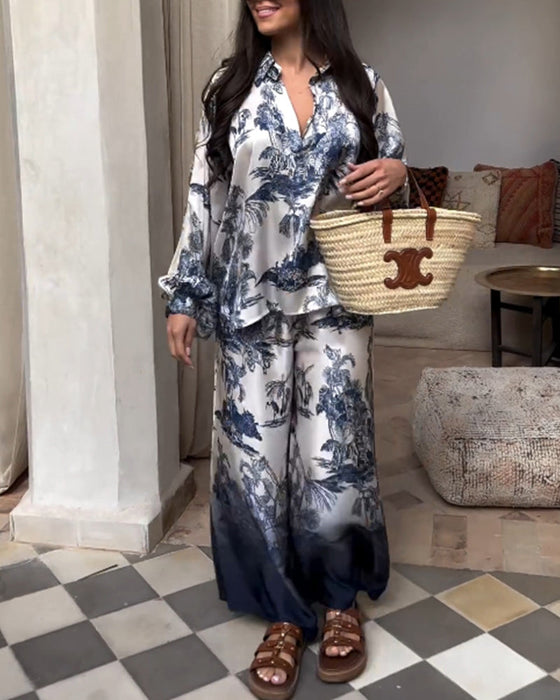 Dwuczęściowy kombinezon z rękawami typu lampion w roślinny gradientowy wzór