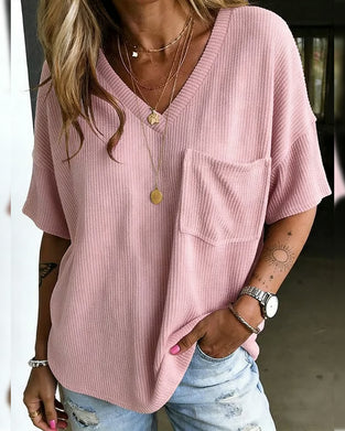 T-Shirt Ściągacz Z Dekoltem W Szyję Kieszeń Krótki Rękaw