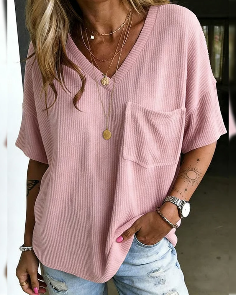 T-Shirt Ściągacz Z Dekoltem W Szyję Kieszeń Krótki Rękaw