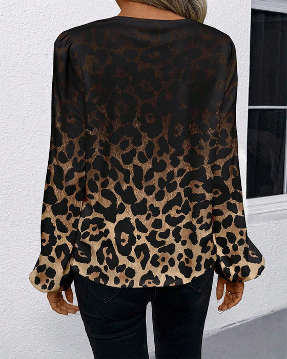 Koszula Bufiasty Rękaw Gradient Leopardzi Print