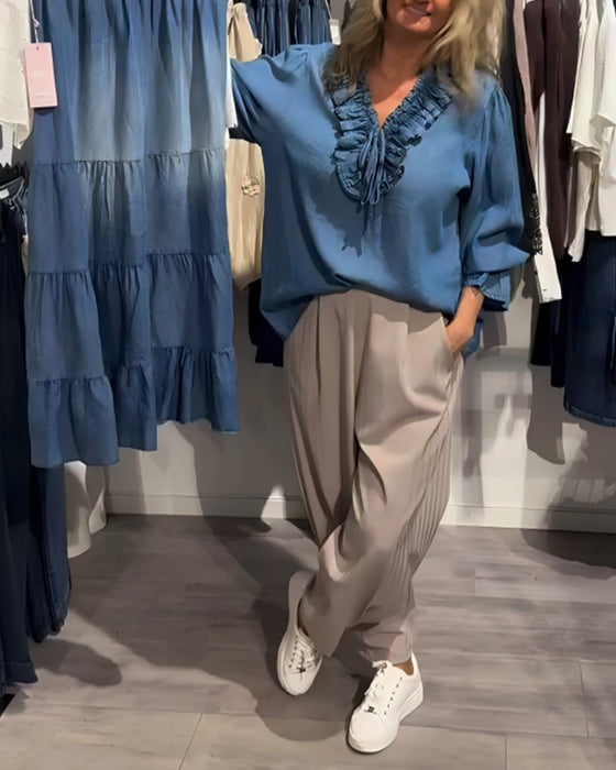 Bluza Falbanka Brzeg Wiązać Denim