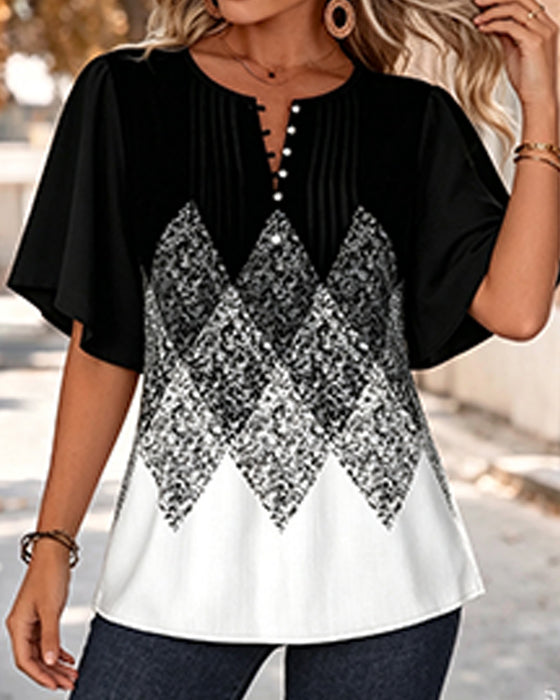 T-Shirt Diamentowa Krata Gradientowy Nadruk Dekolt W Serek