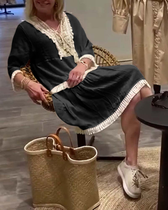 Koronkowa sukienka na co dzień z dekoltem w kształcie litery V i frędzlami