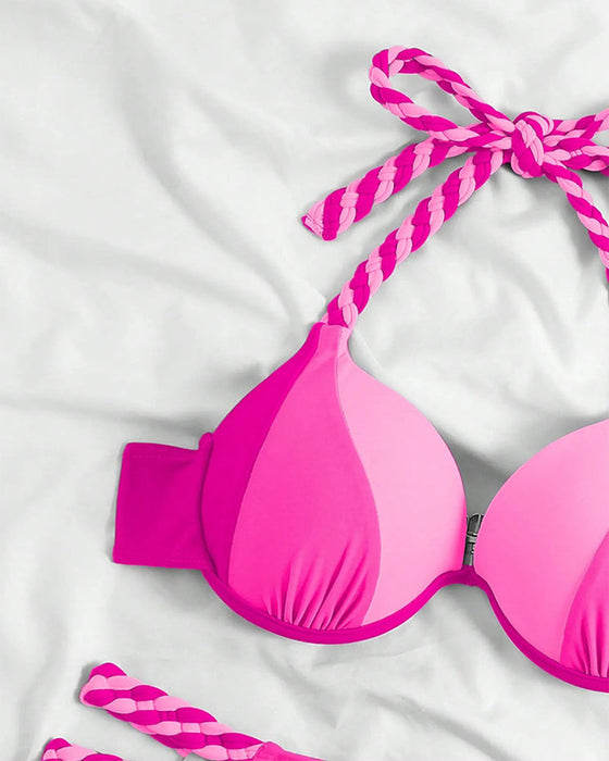 Zestaw strój kąpielowy z blokami kolorów wiązany na szyi