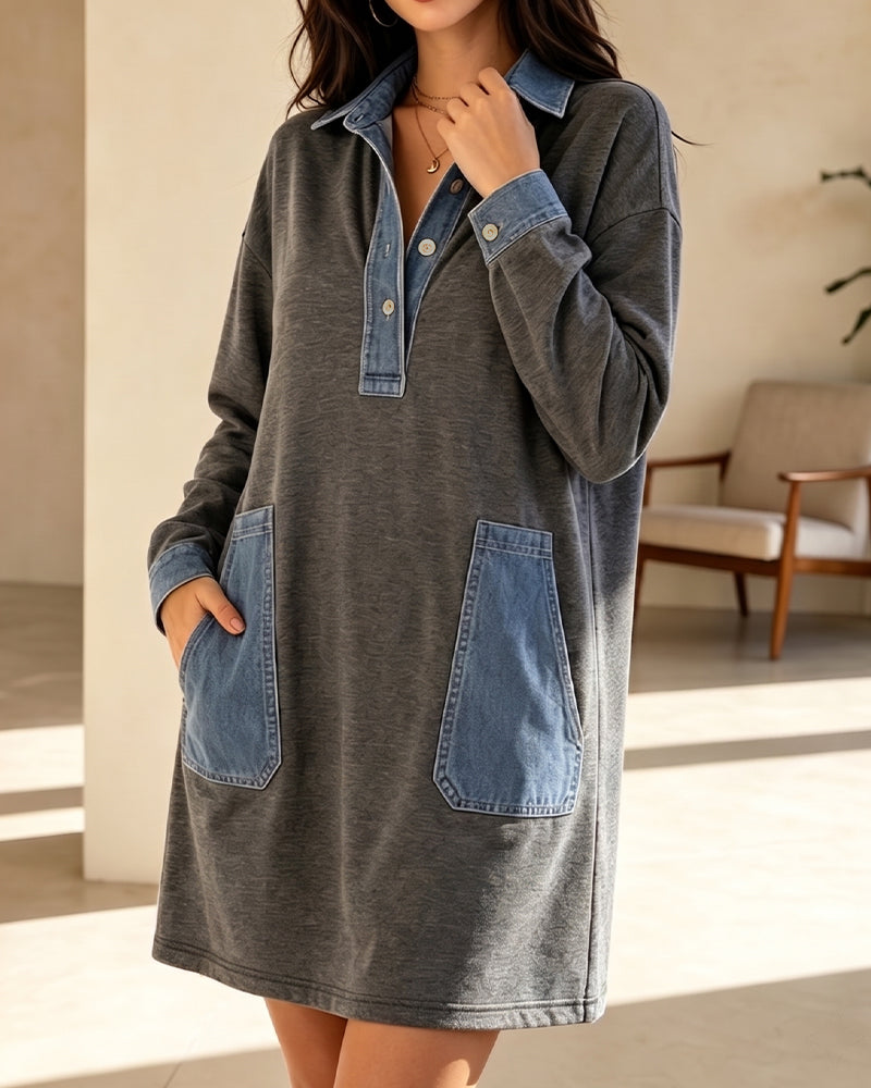 Sukienka Polo Kołnierz Denim Patchwork