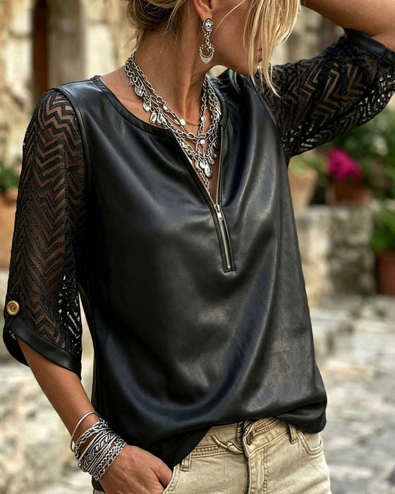 Top Okrągły Dekolt Zamek Błyskawiczny Moda