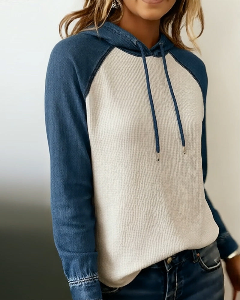 Bluza Z Kapturem Stylowa Dżins Dzianinowa Patchwork