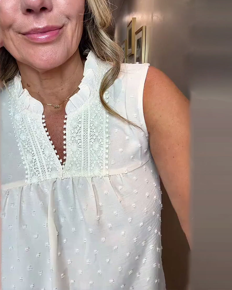 Top Bez Rękawów V-Dekolt Koronka Patchwork