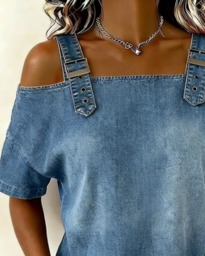 Sukienka Odkryte Ramiona Zapinana Denim