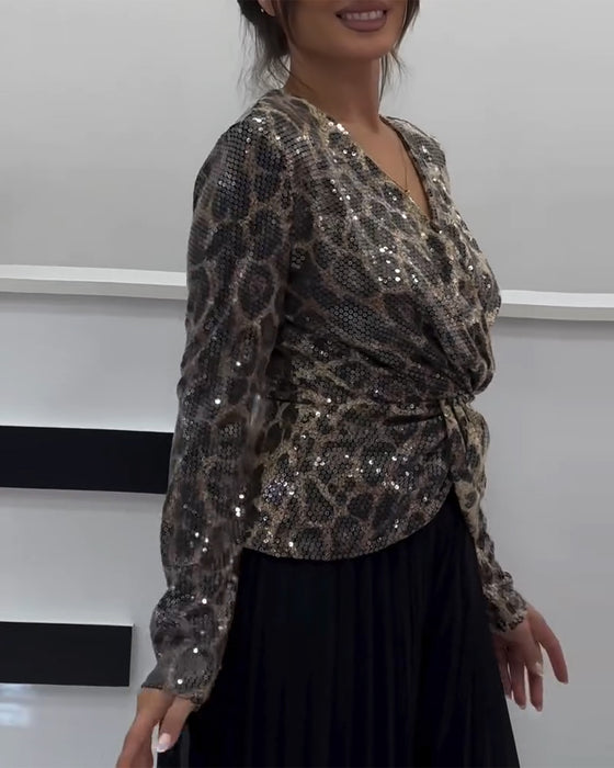 Koszula Z Dekoltem W Serek I Nadrukiem W Panterkę