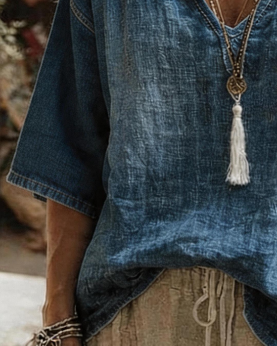 Top Dekolt V Denim Pół Rękaw