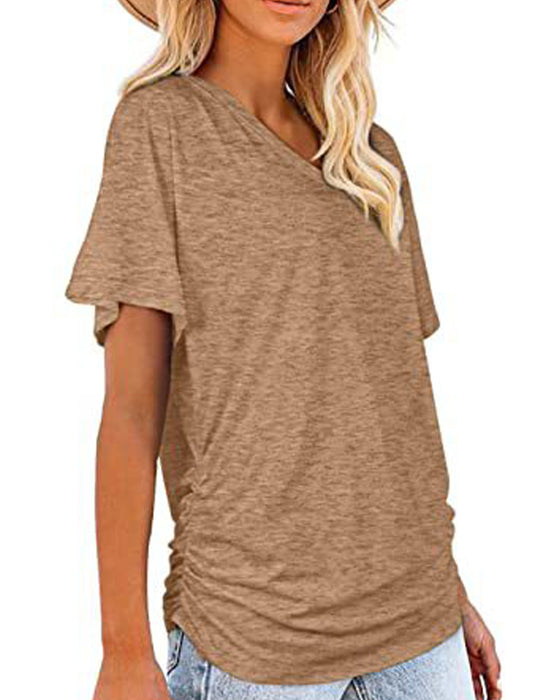 T-Shirt Plisowany Jednokolorowy Dekolt W Serek