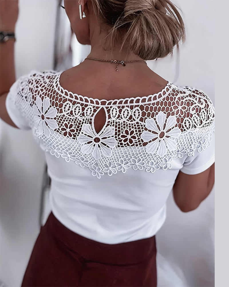 T-Shirt Hollow Out Koronka Patchwork
