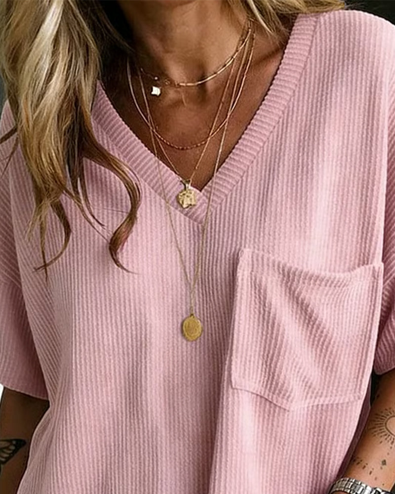 T-Shirt Ściągacz Z Dekoltem W Szyję Kieszeń Krótki Rękaw