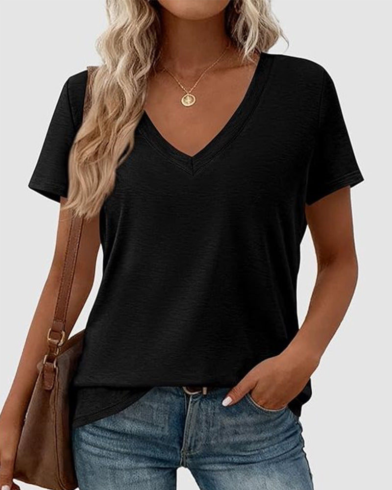 T-Shirt Pullover Dekolt V Gładki