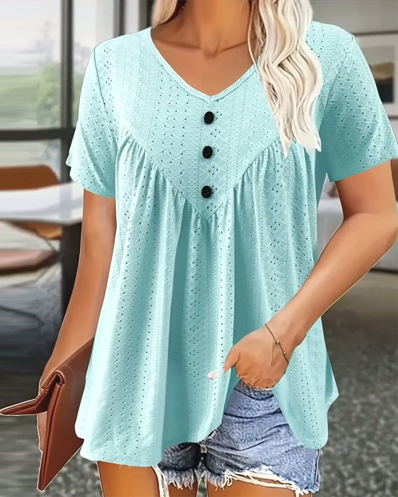 T-Shirt Casual Wycięty Dekolt W Szyję Krótki Rękaw