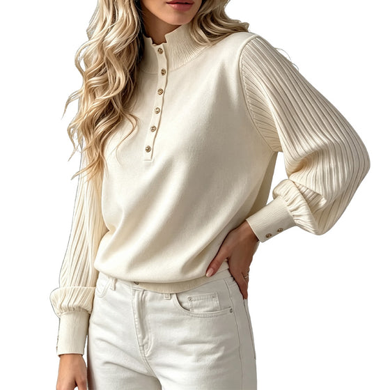 Pullover Golf Guzik Prążkowany Bufiaste Rękawy Sweter