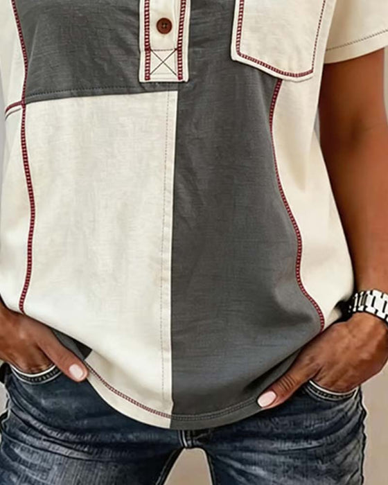 T-Shirt Kontrastowy Kolor Okrągły-Dekolt Guzik Patchwork