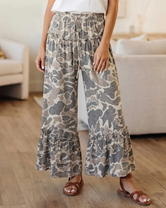 Spodnie Elastyczna Talia Kamuflaż Ruffle Capri