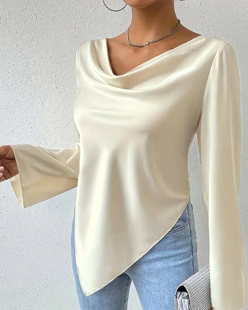 Swobodna jednokolorowa plisowana bluzka z długim rękawem