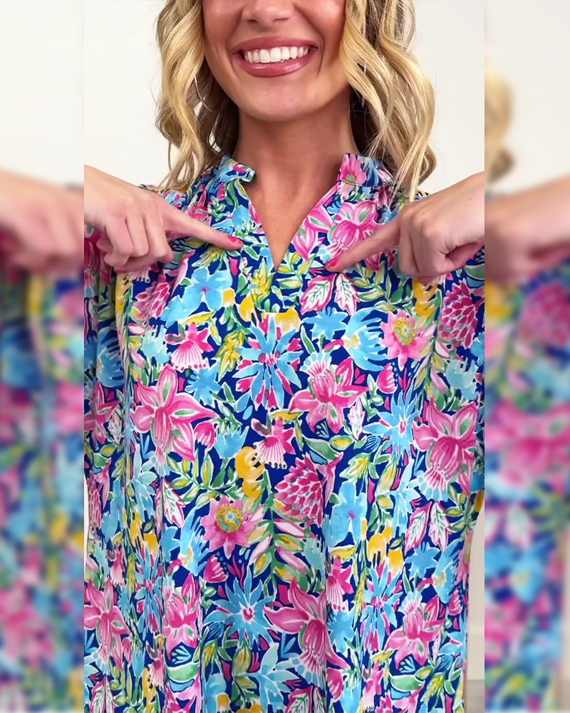 Top Tropikalny Kwiatowy Krótki Rękaw