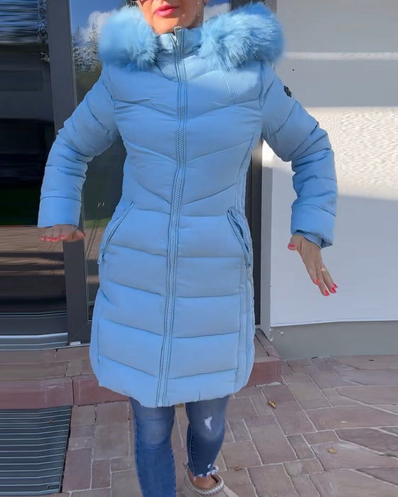 Swobodna jednokolorowa pikowana kurtka z kapturem i kieszenią na zamek