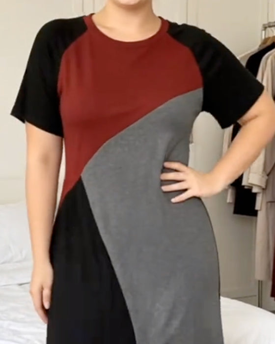 Sukienka Patchwork Raglan Okrągły Dekolt