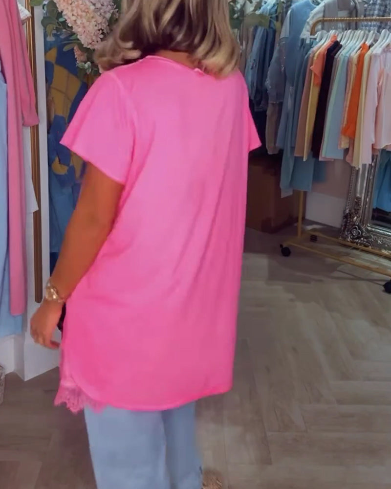 Koszulka Koronka Połączony Krótki Rękaw