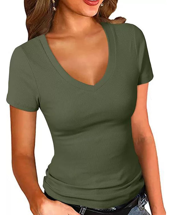T-Shirt Żebrowany Slim Fit Dekolt W Kształcie Litery V Krótki Rękaw