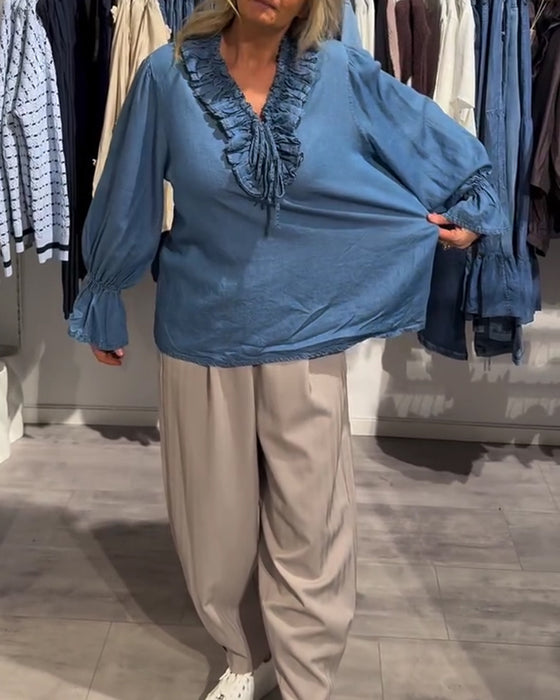 Bluza Falbanka Brzeg Wiązać Denim