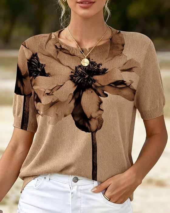 Sweter Kwiatowy Wzór Dzianinowy Krótki Rękaw