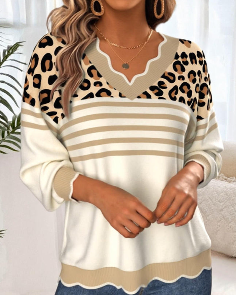 Sweter Dekolt V Print Leopardzi Kontrast