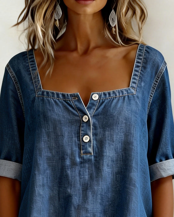 Koszula Kwadratowy Dekolt Denim Pół Rękaw