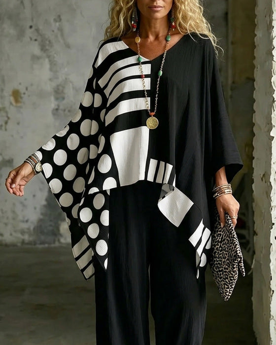 Bluzka Polka Dot Pasek Patchwork V Szyja